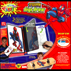 Spiderman Digi-Draw Kit, $12.95, With Digi-Draw, you can easily trace any picture, photograph, or illustration to make fantastic works of art. You can even make animated cartoons! With Digi-Draw you do not have to be an artist to draw like one.