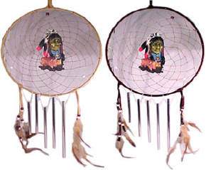 resin, leather, and feather construction with aluminum wind chimes